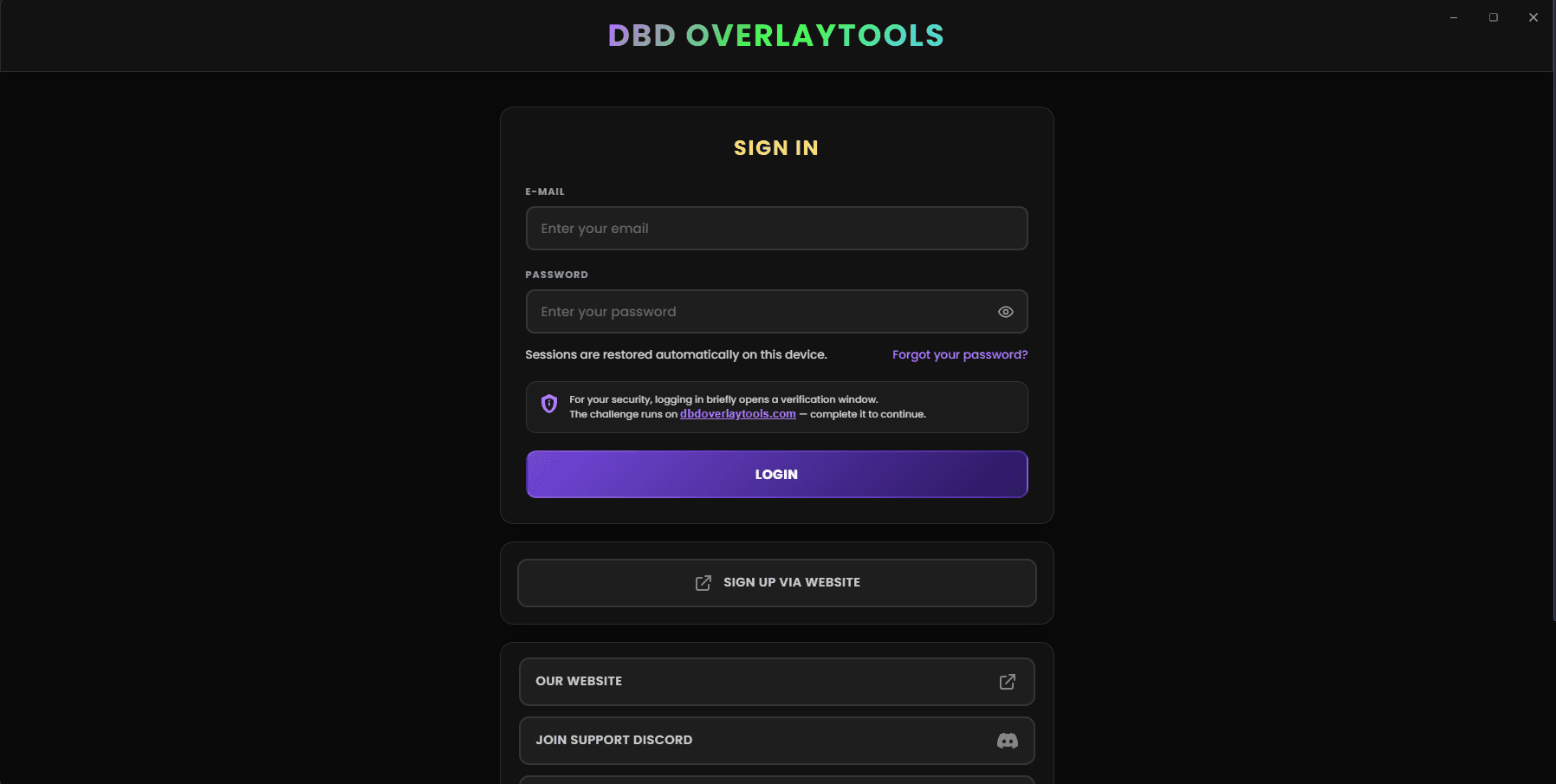 DBD OverlayTools desktop application sign-in screen